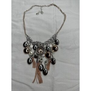 C 1946 Necklace Silver Rose Gold Tone Cluster Tassel Crystal Statement Chain
